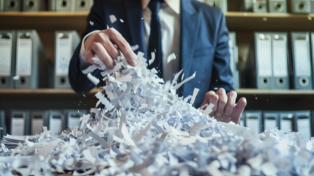 Hombre destrozando papel con necesidad de contratar una empresa de destruccion de documentos
